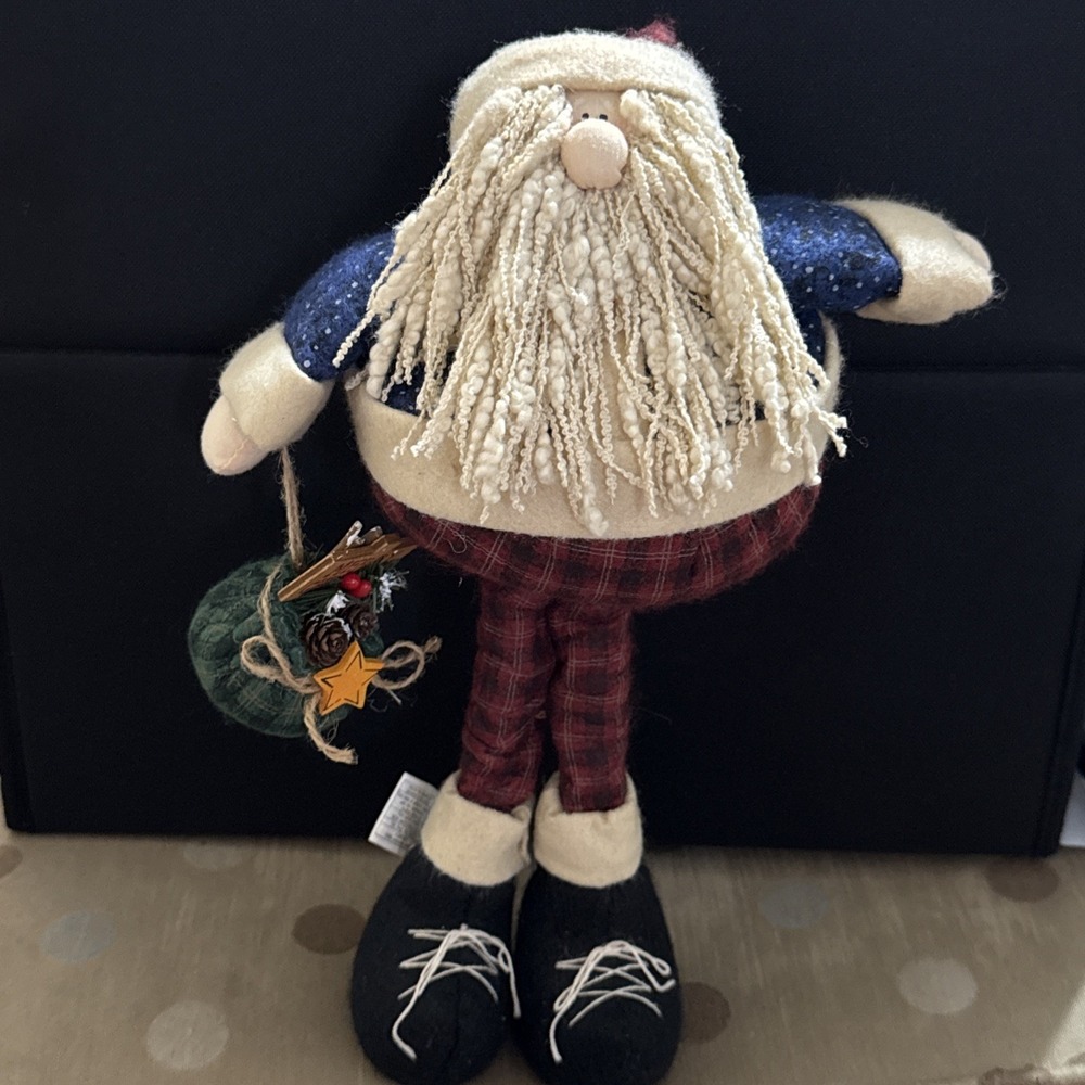 Primitive Fabric Santa Figurine Christmas Decoration 14.5" Curly Yarn Beard